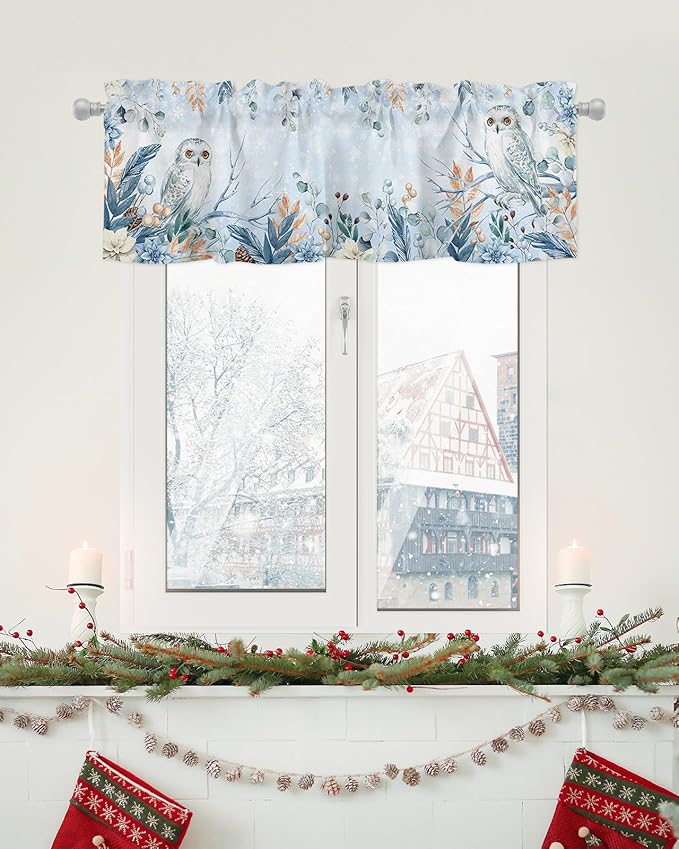 Blue Christmas Valance Curtains for Kitchen Windows Winter Snowy Owl Poinsettia Eucalyptus Leaves Rod Pocket Window Treatment Toppers for Kitchen/Living Room/Bedroom/Bathroom, 54" X 18",
