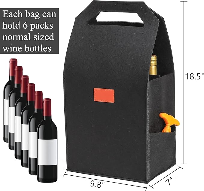 Peohud 6 Bottle Wine Carrier Tote, 3 Pack Thick Felt Wine Bottle Bags with Removable Divider, Portable Wine Gift Bag Reusable Grocery Bags for Travel, Camping, Picnic, Perfect Wine Lover Gift