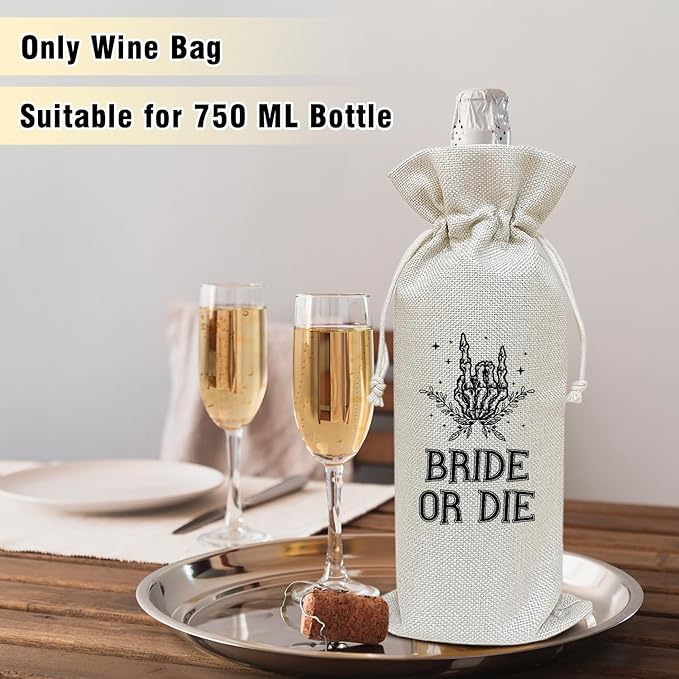 Bride or Die Wine - Wine Canvas Bag, Bachelorette Party Gift for Bride Bridesmaids Gifts Wine Bags for Wine Bottles, Skull Wine Gifts With Drawstring Engagement Bridal Shower Party Decoration -WB15