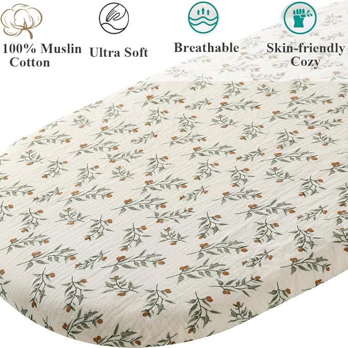 Muslin Bassinet Sheet Compatible with Arms Reach Co-Sleeper Bassinet, 2 Pack Cotton Stylish Boho Fitted Bassinet Sheets Super Soft for Baby Roman Green & Botanical Leaf