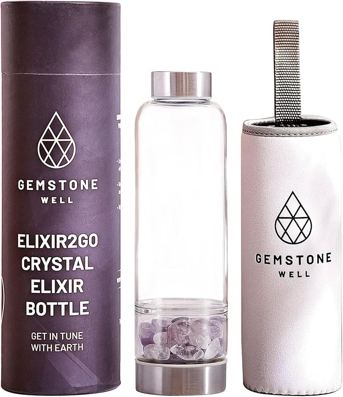 Crystal Water Bottle Elixir Set | Includes Authentic Amethyst & Clear Quartz Crystals And Healing Stones | Black Neoprene Sleeve | Drink Gem Infused Water On The Go