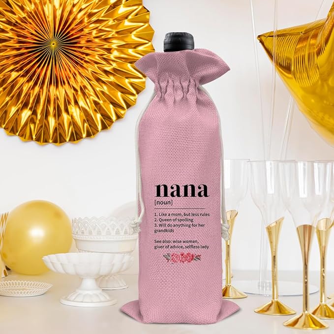 HOIJAUMAI Nana Gift From Grandson Granddaughter, Nana Gifts for Grandma Birthday Mother's Day, Grandma Wine Bag Nana Definition Wine Gift Bags (Pink)