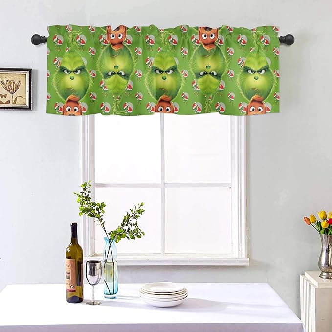 Green Monster Christmas Window Valance for Kitchen Living Room Merry Grinchmas Window Curtain for Bedroom Grin-ch Window Valance Rod Pocket Window Treatment Christmas Decors, 54" W x 18" L