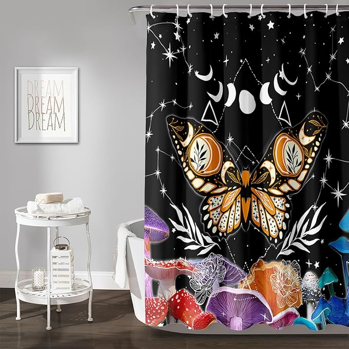 AILONEN Sun and Moon Shower Curtain,Death Moth Bath Curtain for Bathroom for Boys,Girls,Boho Hippie Style Shower Curtain,Colorful Mushroom Waterproof Fabric Shower Curtain Set with Hooks,72" W*78" H