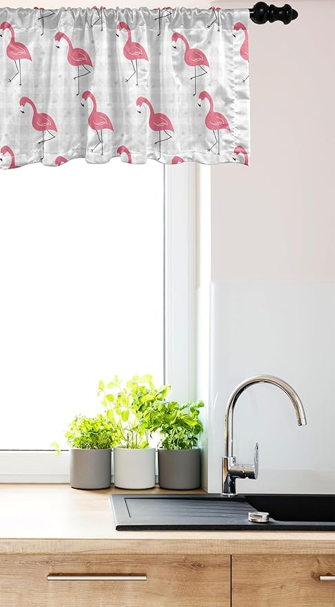 Ambesonne Pink Flamingo Window Valance, Cartoon Birds on Pastel Colored Checkered Background Wild Nature, Curtain Valance for Kitchen Bedroom Decor with Rod Pocket, 42" x 12", Pale Grey Coral Black