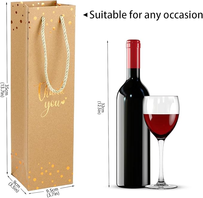 Ssyuysto 12 Pcs Wine Thank You Bags for Wine Bottles Elegant Wine Gift Bags with Metallic Gold Foil Print Kraft Paper Wine Bags with Handles for Travel(Brown)