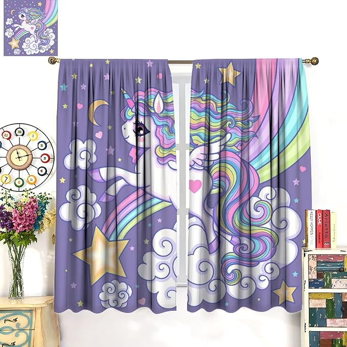 Kids Unicorn Curtains Purple Cartoon Rainbow Cartoon Room Blackout Curtains Boys Girls Baby Room Decor Curtains Living Room Decor 63x63 Inch 2 Panels