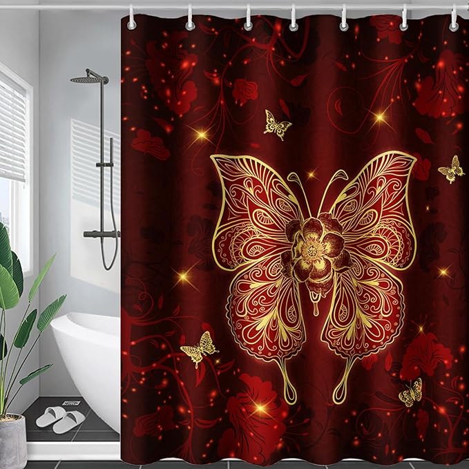 AILONEN Rose Butterfly Waterproof Curtain,Red and Gold Butterfly Floral Bath Curtain,Modern Chic Flower Polyester Fabric Red Curtain with 12 Plastic Hooks, 60" W x 72" H