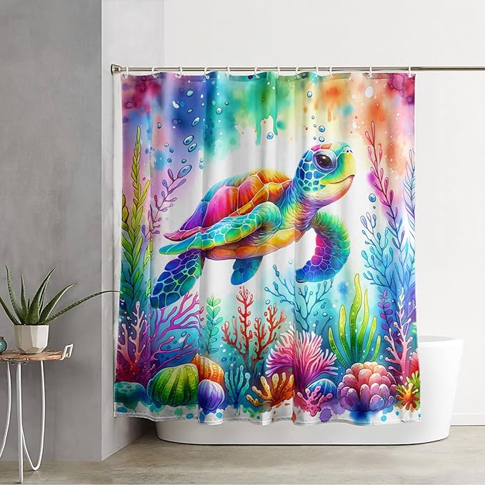 AILONEN Colorful Sea Turtle Shower Curtain, Cartoon Ocean Theme World Cloth Bath Curtain for Bathroom,Watercolor Underwater Waterproof Fabric Shower Curtain Set with Hooks,36" Wx72 H