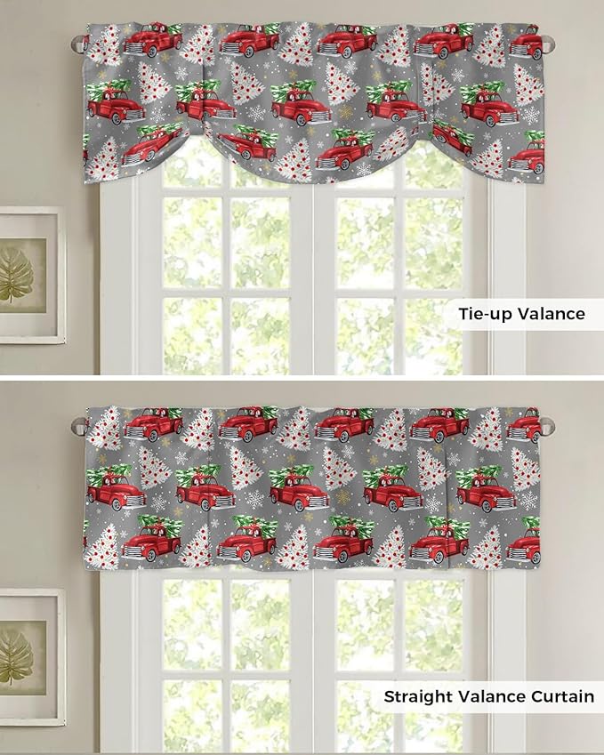 Red Truck Christmas Blackout Tie Up Valance Curtains for Kitchen Windows Merry Christmas Tree Window Toppers Balloon Shades for Living Room/Bathroom/Bedroom,1 Panel, 60" X 18", Winter Snowflake Grey