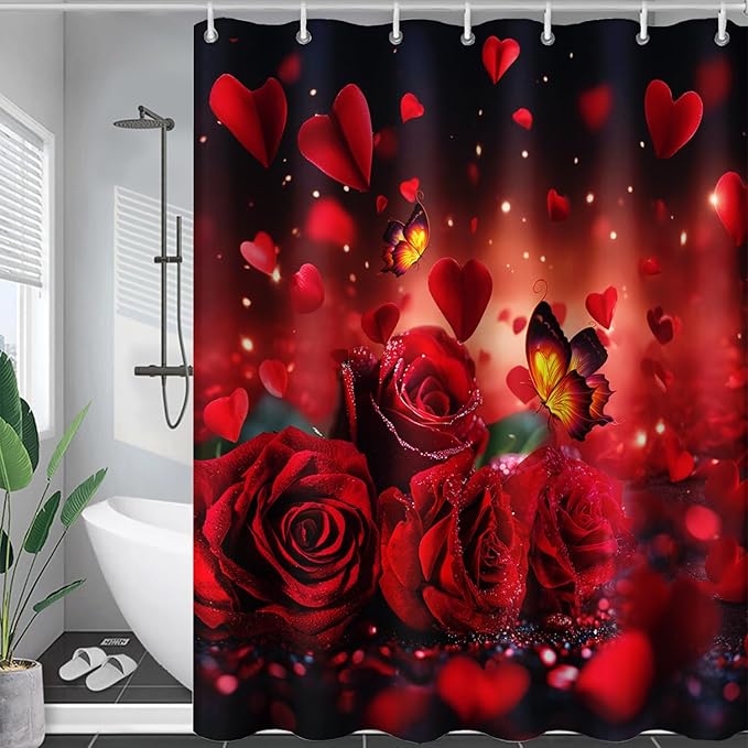 AILONEN 3D Rose Shower Curtain for Bathroom, Red Rose Hearts Print Bath Curtain,Romantic Rose Flower Shower Curtain Decoration Waterproof with 12 Plastic Hooks, 72" W*72" H