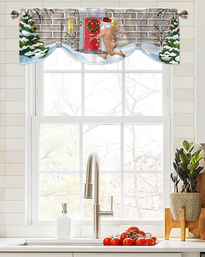 Christmas Farmhouse Blackout Tie Up Valance Curtains for Kitchen Windows Funny Santa Claus Window Toppers Balloon Shades for Living Room/Bathroom/Bedroom,1 Panel,42" X 12" Holly Xmas Tree