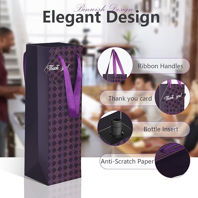 Wine Bags, 12 Packs, Strong Card Paper Wine Gift Bag with Ribbon Handles and Thank You Card, 4-3/8x 4 x 14 Fit 750ml Wine Bottle or Champagnes - Purple 12