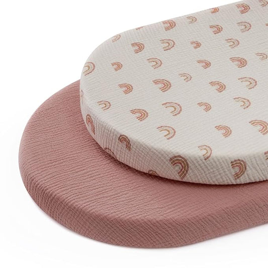 Blissful Diary Muslin Bassinet Sheets for Baby Girls Boys, Boho Soft Cotton Fitted for Oval Hourglass Rectangle Mattress, 2 Pack(Dusty Pink&Rainbow)