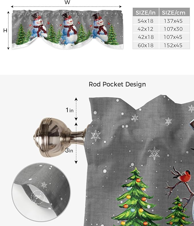 Christmas Snowman Blackout Tie Up Valance Curtains for Kitchen Windows Winter Holidays Cardinal White Snowflake Window Toppers Balloon Shades for Living Room/Bathroom/Bedroom,1 Panel,60" X 18" Gray