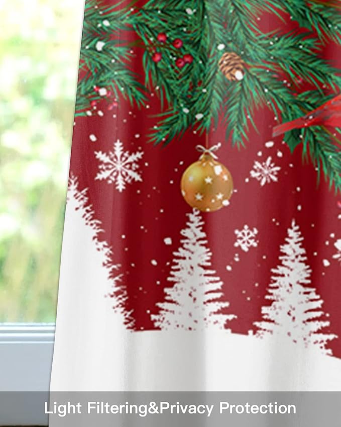 Christmas Gnomes Kitchen Curtains Valances for Windows Red Winter Holidays Rod Pocket Window Treatment for Kitchen /Living Room/Bedroom/ Bathroom,42" X 12" -1 Panel, White Snowflakes Xmas Trees