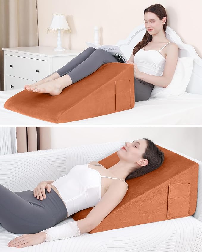 Wedge Pillow for Sleeping, 12 Inch Bed Wedge Pillow for After Surgery, Acid Reflux, Memory Foam Top Triangle Pillow Wedge for Head, Back, Leg with Machine Washable Cover-Camel