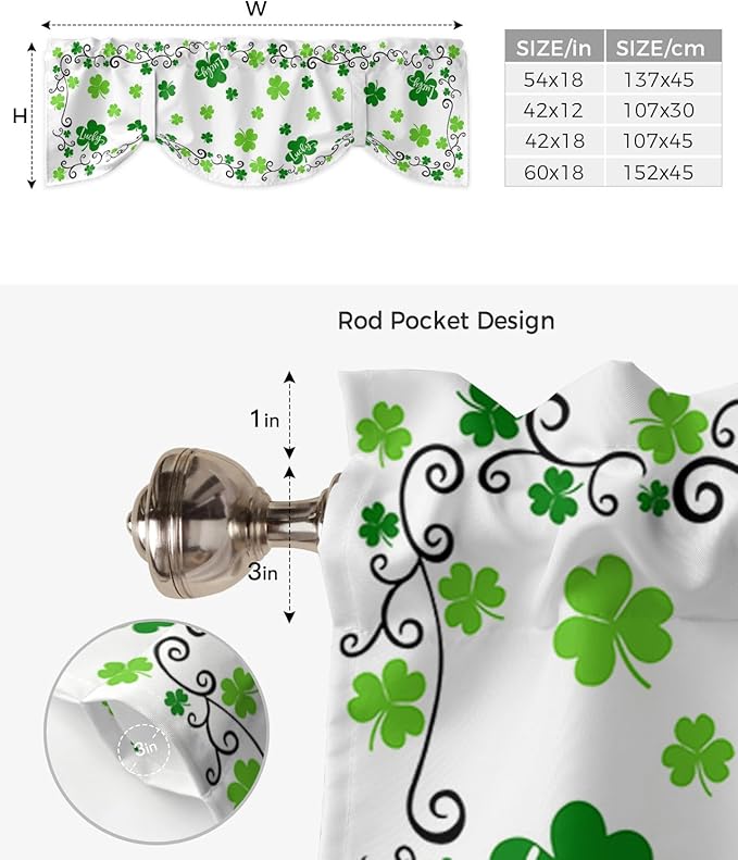 St. Patrick's Day Blackout Tie Up Valance Curtains for Kitchen Windows Green Shamrock Irish Clover Window Toppers Balloon Shades for Living Room/Bathroom/Bedroom,1 Panel, 42" X 18" Spring Holiday