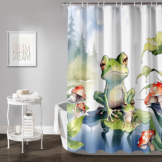 AILONEN Cartoon Frog Shower Curtain,Cute Green Frog Amphibious Animal Waterproof Fabric Bath Curtain for Kids Girls Boys,Red Mushroom Shower Curtain Set for Bathroom with Hooks,72" W*84" H