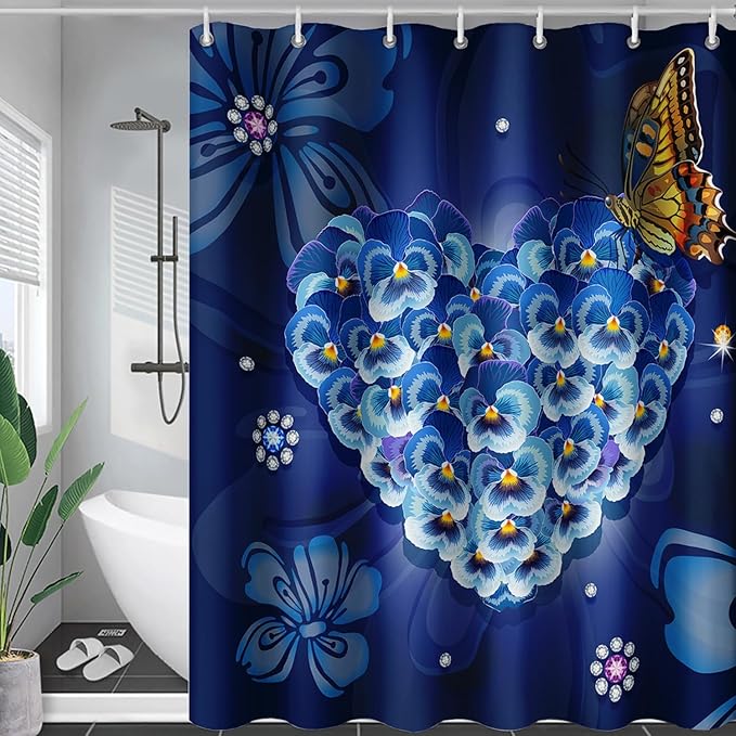 AILONEN Blue Floral Shower Curtain for Girls,Beautiful Butterfly Heart Flower Bath Curtain for Bathroom,Blue Print Polyester Waterproof with 12 Plastic Hooks, 72" W*78" H Blue