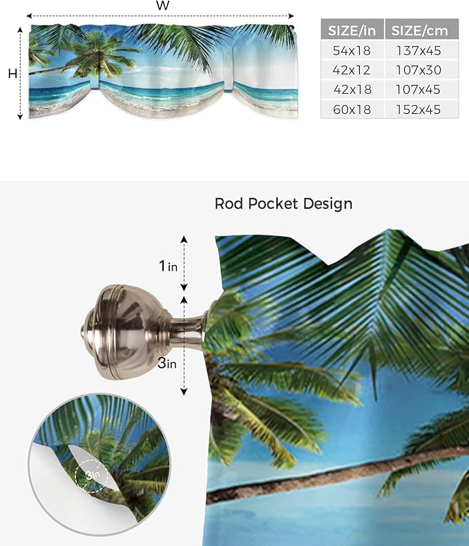 Palms Tree Ocean Blackout Tie Up Valance Curtains for Kitchen Windows Tropical Sea Window Toppers Balloon Shades for Living Room/Bathroom/Bedroom,1 Panel,54" X 18" Beach Theme