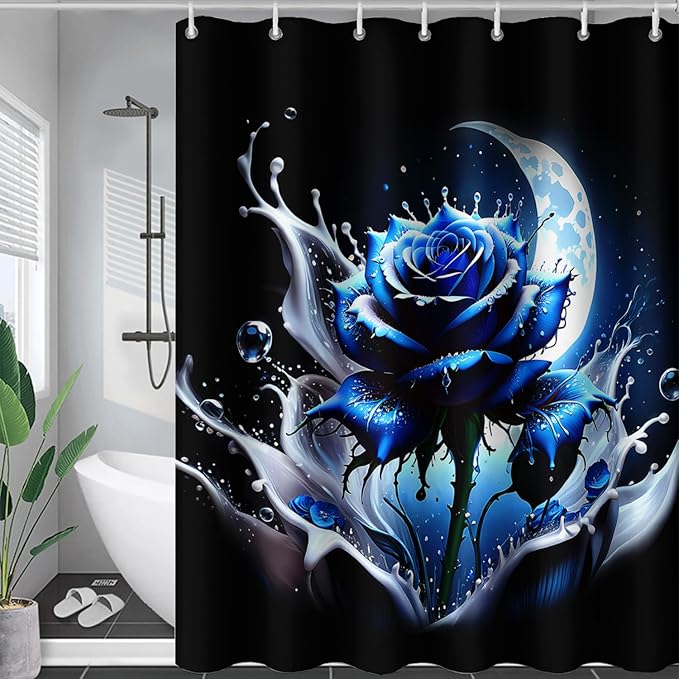 AILONEN 3D Rose Shower Curtain for Bathroom, Evening Moon Blue Rose Bath Curtain for Girls Women, Modern Floral Print Minimalism Shower Curtain Waterproof with 12 Plastic Hooks 72" W*84" H