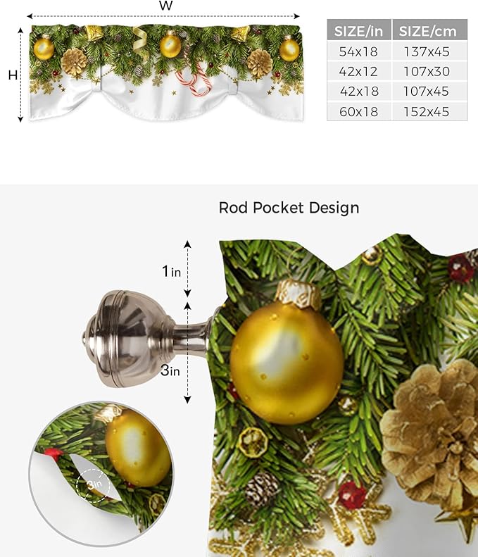 Christmas Blackout Tie Up Valance Curtains for Kitchen Windows Pine Cones Window Toppers Balloon Shades for Living Room/Bathroom/Bedroom,1 Panel,42" X 18" Golden Ornament Balls