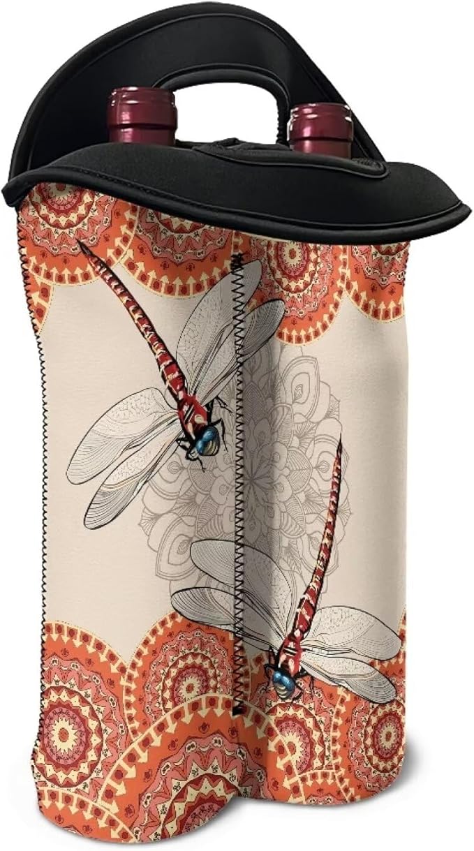 doginthehole Dragonfly Wine Carrier Tote Bag Insulated Neoprene Wine Bottle Holder Boho Style Champagne Bottles Protective Travel Bag Water Bottle Holder, 2 Bottles