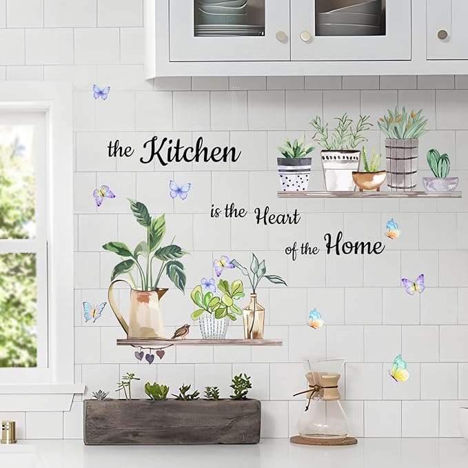 Green Plants Shelves Wall Deals Potted Plants Leaves Wall Stickers The Kitchen is The Heart of Home Word Saying Peel and Stick Wall Art Decals for Kitchen Dining Room Restaurant Living Room Wall Decor