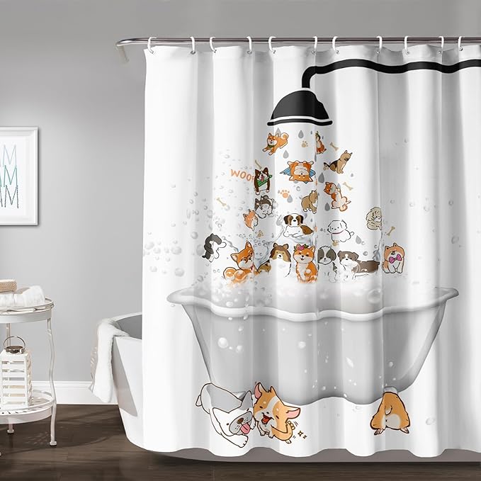 AILONEN Cute Corgi Shower Curtain for Kids 36" W*72" H Inch,Cartoon Dog Funny Animals Nursery Lovely Hilarious,12 Pack Hooks Polyester Waterproof Fabric Decor for Bathroom Bathtub Panels