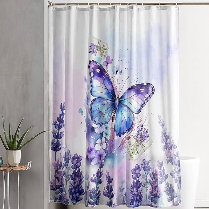 AILONEN Beautiful Butterfly Shower Curtain Bathroom 72" W*96" H Purple Butterfly Curtain Cloth Fabric Bathroom for Girls Kids,Deep Color Shower Curtain Set