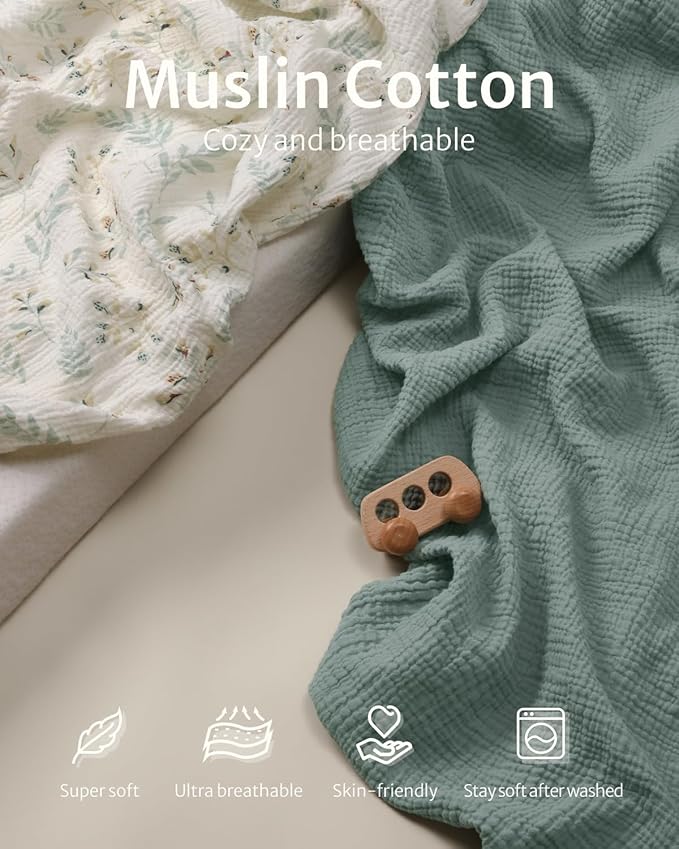 Blissful Diary Muslin Bassinet Sheets for Baby Girls Boys, Boho Soft Cotton Fitted for Oval Hourglass Rectangle Mattress, 2 Pack(Roman Green&Leaf)