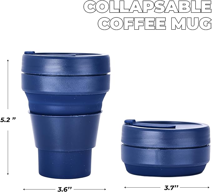 HYDRATE Collapsible Cups for Traveling - 400ml Reusable Cup with Lid for Camping, and On-the-Go Adventures - Foldable Cup - Portable Silicone Coffee Mug for Hot Drinks, Tea - Easy to Clean - Blue