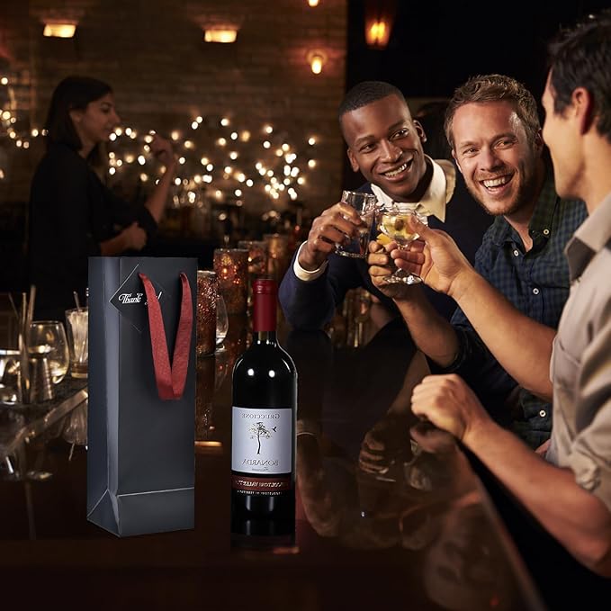 Wine Bags, 6 Packs, Strong Card Paper Wine Gift Bag with Ribbon Handles and Thank You Card, 4-3/8x 4 x 14" Fit 750ml Wine Bottle or Champagnes - Black 6