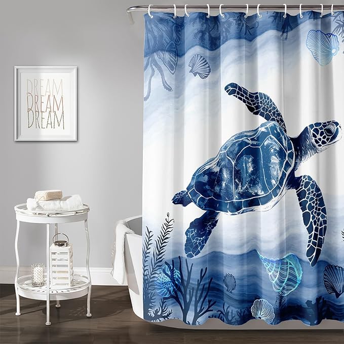 AILONEN Blue Sea Turtle Shower Curtain Set for Bathroom,Cartoon Turtle and Water Plant Bath Curtain,Kawaii Ocean Animal Theme Waterproof Fabric Shower Curtain with Hooks,72" W*84" H