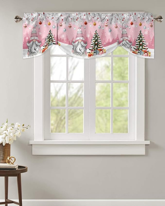 Christmas Gnome Blackout Tie Up Valance Curtains for Kitchen Windows Winter Merry Christmas Tree Balls Window Toppers Balloon Shades for Living Room/Bathroom/Bedroom,1 Panel, 42" X 18", Pink