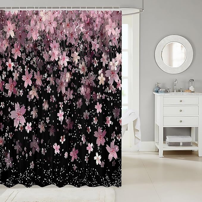 Feelyou Cherry Blossoms Shower Curtain 72"x84" Kids Sakura Flower Bathroom Shower Curtain Set for Boys Girls Teens Romantic Floral Botanical Bath Curtain Pink Black Bathroom Accessories