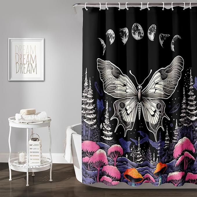 AILONEN Moth Shower Curtain for Kids Girls Boys, Boho Sun Moon with Mushroom Shower Curtains for Bathroom,Natural Plants Shower Curtain Set with Hooks,60" W*72" H