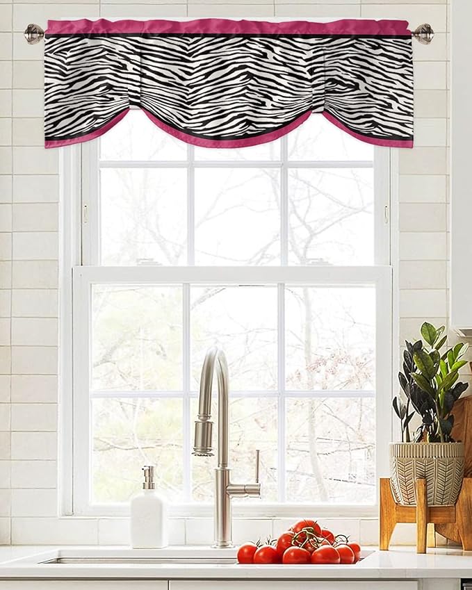 Animal Zebra Print Blackout Tie Up Valance Curtains for Kitchen Windows Black White Pink Window Toppers Balloon Shades for Living Room/Bathroom/Bedroom,1 Panel,60" X 18"