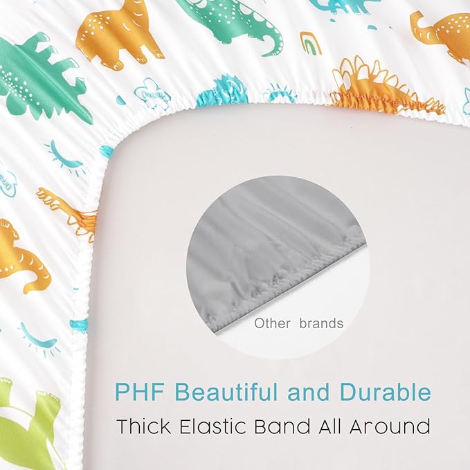 PHF Soft Mini Crib Sheet Set, 2 Pack Silky Comfy Pack N Play Sheets for Boys Girls, Universal Fit for Pack N Play, Playard and Mini Crib Mattresses, Dinosaur