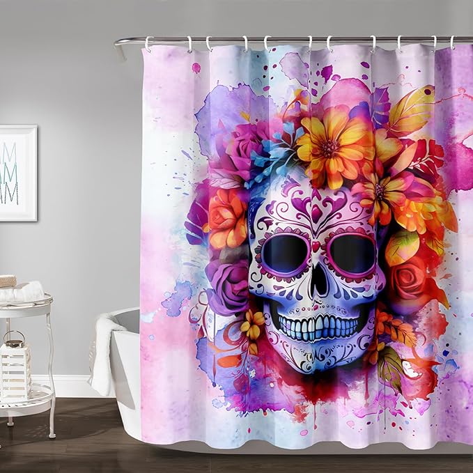 AILONEN Sugar Skull Shower Curtain for Bathroom,Pink Purple Graffiti Flower Art Bathroom Curtain for Kids Girls Teen,Bath Curtain 72" W*78" H Polyester Waterproof Bathroom Curtain with 12 Hooks