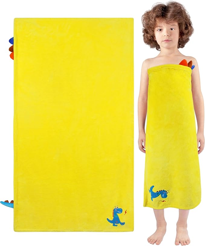 Kids Beach Towels Cute 3D Embroidery Dinosaur Super Absorbent Warm Coral Fleece Blanket Pool Bath Towel Wrap for Boys Girls, Measures 53.5 x 29.3 Inches