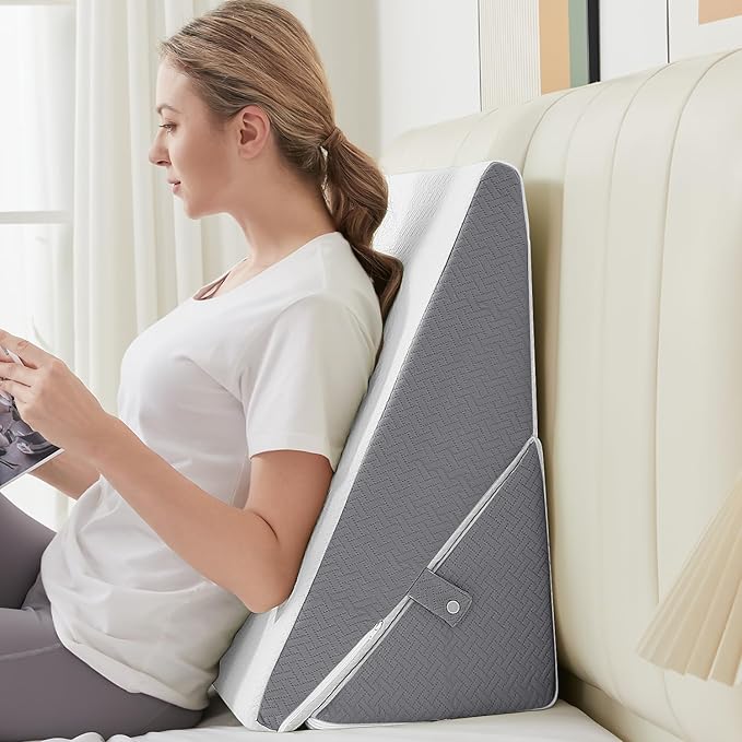 Sasttie Wedge Pillow for Sleep Apnea, 10 Inch Adjustable Bed Wedge Pillow for Back Pain, Acid Reflux, Memory Foam Triangle Pillow Wedge for Sleeping, Post Surgery, Knee Elevate, White & Dark Grey