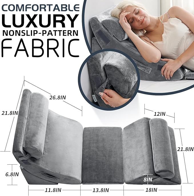 Qirroboni 6PCS Orthopedic Bed Wedge Pillow Set, Adjustable Pillows for Neck, Back and Leg Pain Relief Comfortable & Post Surgery Foam - Heartburn, Anti Snoring, Acid Reflux & GERD Sleeping Grey