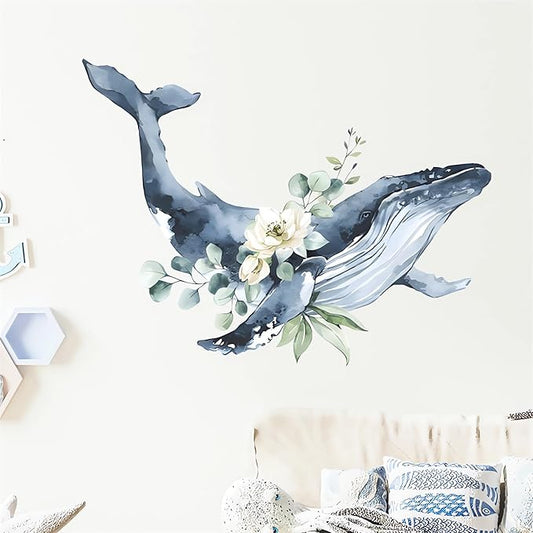Cute Wreath Humpback Whale Wall Stickers, sacinora Cartoon Sea Animal Wall Decals Removable Vinyl Peel and Stick for Kids Baby Nursery Living Room Bedroom Children's Room Bathroom Art Decorations