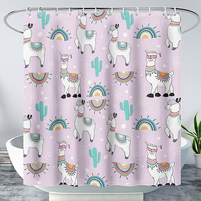 AILONEN Cool Llama Shower Curtain,Purple Desert Cactus Llama Bath Curtain,Polyester Water for Bathroom with 12 Plastic Hooks,48" W*72" H Purple
