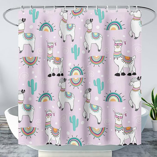 AILONEN Cool Llama Shower Curtain,Purple Desert Cactus Llama Bath Curtain,Polyester Water for Bathroom with Plastic Hooks,36" W*72" H Purple