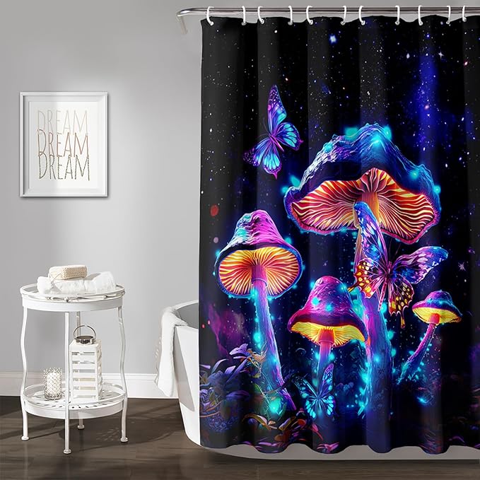 AILONEN Magic Mushroom Shower Curtain for Kids Girls,Glowing Mushrooms and Starry Night Waterproof Fabric Shower Curtain for Bathroom,Butterfly Plants Shower Curtain Set with Hooks,72" W*84" H