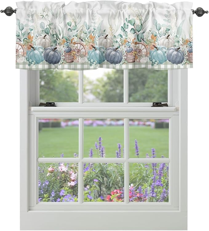 Fall Thanksgiving Kitchen Curtains Valances for Windows Navy Blue Pumpkins Green Eucalyptus Leaves Rod Pocket Window Treatment for Kitchen /Living Room/Bedroom/ Bathroom,42" X 12" Sage Farmhouse Plaid
