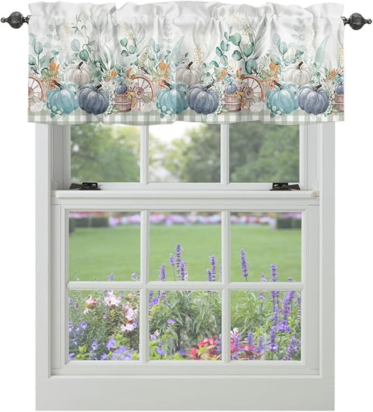 Fall Thanksgiving Kitchen Curtains Valances for Windows Navy Blue Pumpkins Green Eucalyptus Leaves Rod Pocket Window Treatment for Kitchen /Living Room/Bedroom/ Bathroom,42" X 12" Sage Farmhouse Plaid